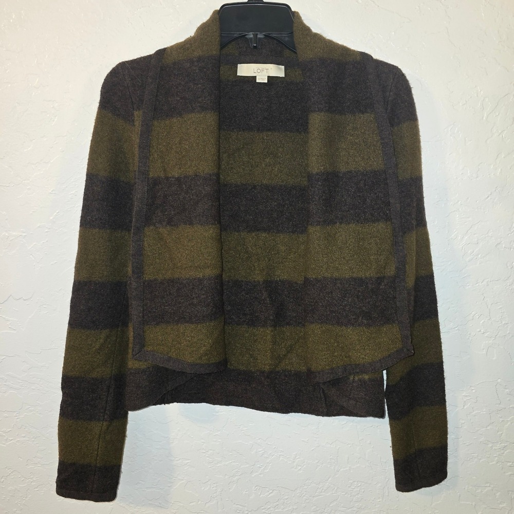 LOFT Ann Taylor Striped Merino‎ Wool Cardigan Sweater Women's XS Green Brown